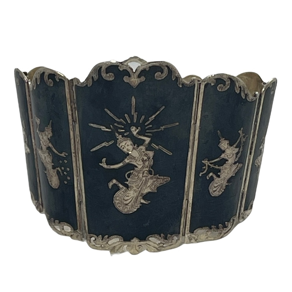 Mid-20th Century Siam Sterling Silver & Niello Enamel Panel Link Bracelet-Signed